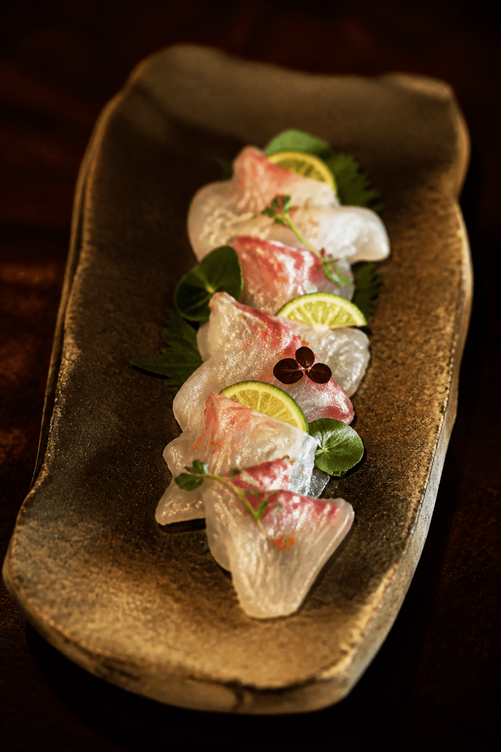 Sashimi e lime su un piatto in ceramica